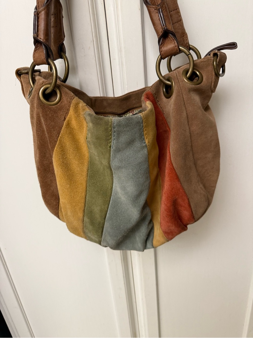 Suede Multi-Panel Shoulder Hobo Bag in Brown and Earth Tones
